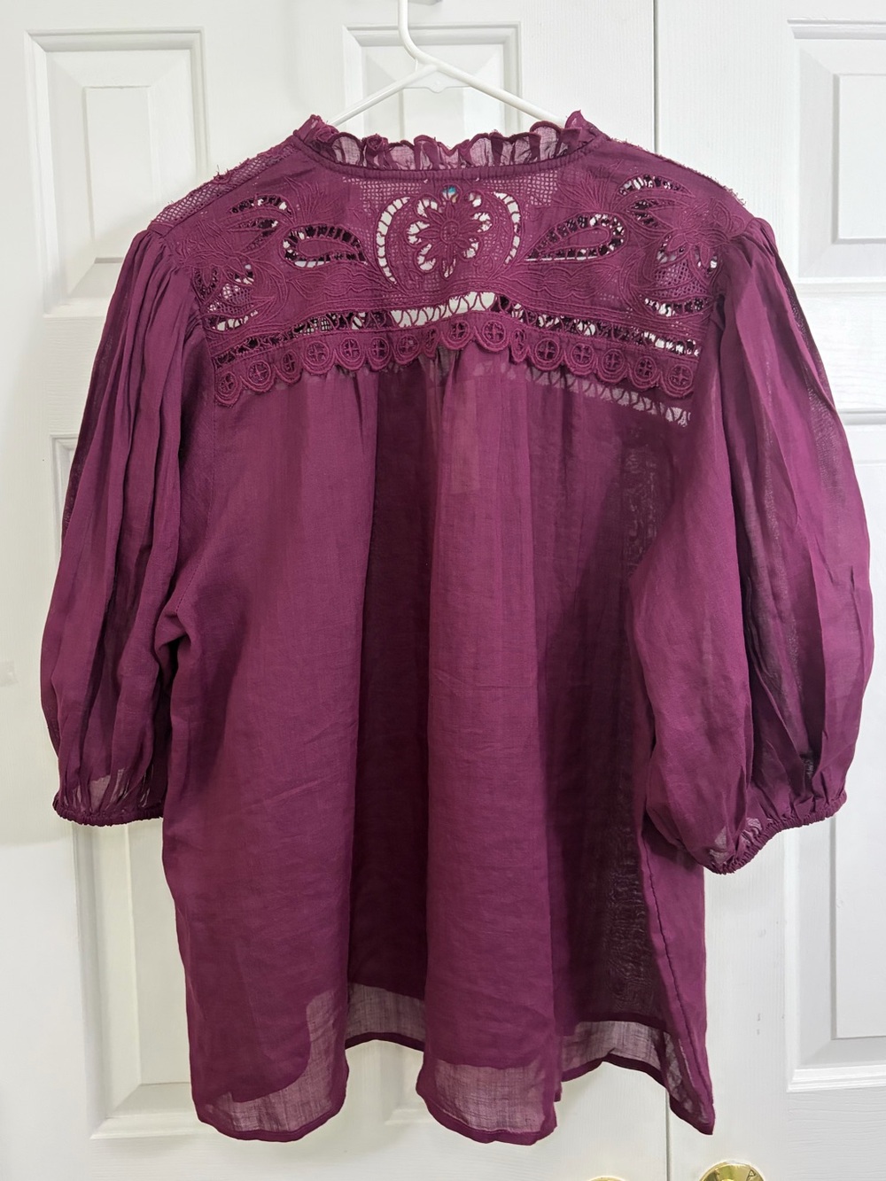 NWT Sundance Plum Embroidered Lace Puff Sleeve Ramie Button Down Bohemian Top XL - Picture 5 of 16